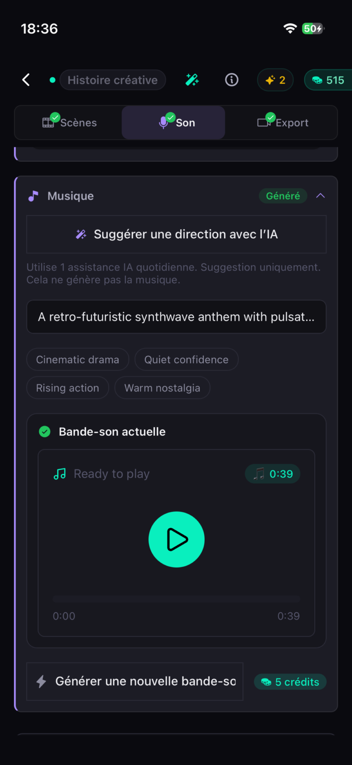 Générateur de musique dans l'application Hubfluencer